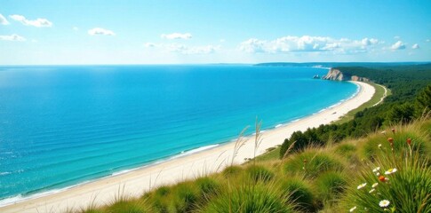 Vast Lake Michigan view from Sleeping Bear Dunes, brilliant blue water, serenity, aerial, view