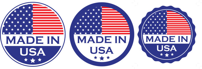 made in usa round badges with american flag design in red white and blue for origin or quality label	