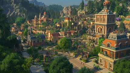 Fototapeta premium Idyllic Landscape of Lush Gardens and Charming Architecture in a Vibrant Fantasy Town Setting