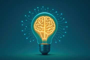 This glowing neon light bulb with a brain outline symbolizes innovation and intelligence fueling interconnected ideas within a digital network