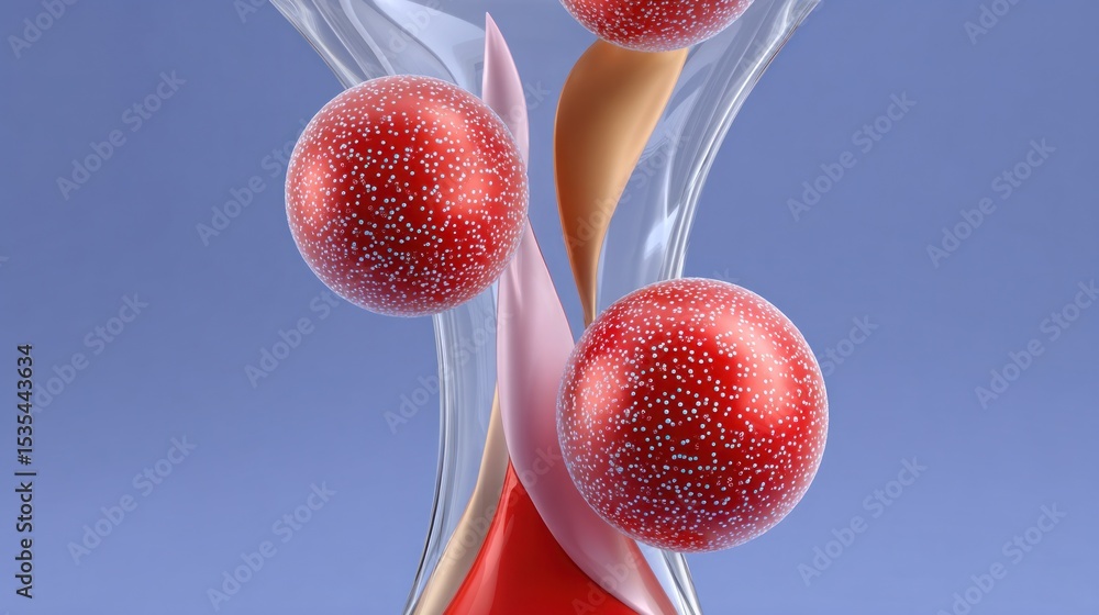 Poster abstract art with floating red spheres and fluid shapes