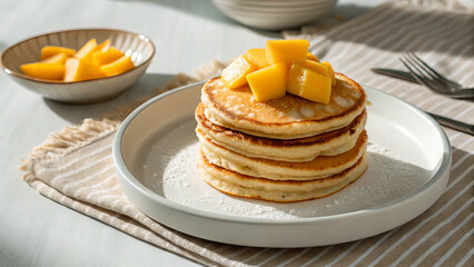 Mkatra foutra - Pan fried coconut tortillas with a distinctive golden crust. Great in a stack or with a slice of fresh mango in the background.