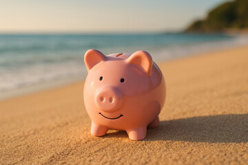 A smooth pink piggy bank on sandy beach symbolizes saving growth and financial planning under natural light