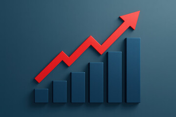A rising trend is illustrated by the steady growth dark blue bars paired with a bold red arrow symbolizing progress and success