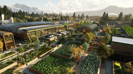 Modern Sustainable Urban Farm with Greenhouses Surrounded by Lush Vegetation and Scenic Mountain View in Bright Daylight