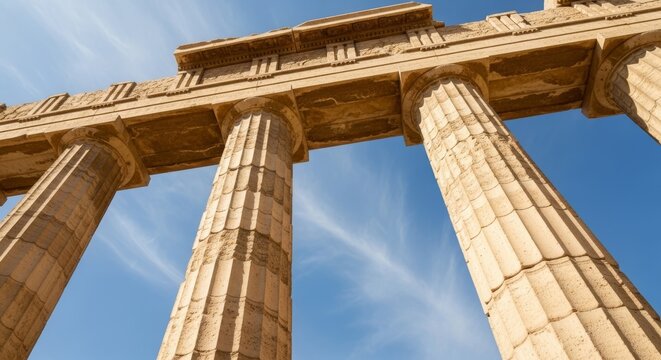 A low-angle shot features large, cylindrical stone columns supporting a thick, rectangular stone structure overhead