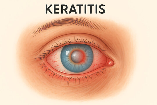 Keratitis medical illustration showing eye with redness and inflammation, highlighting symptoms and effects of condition
