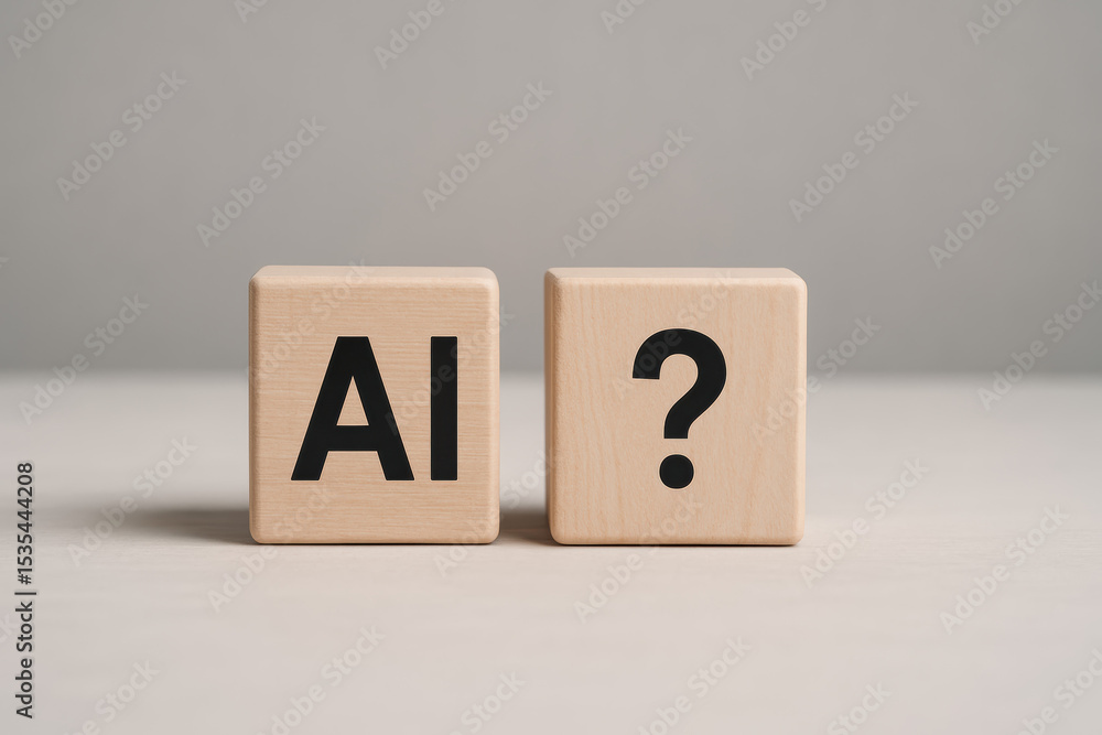 Poster the concept innovation and uncertainty is depicted through wooden blocks symbolizing artificial inte