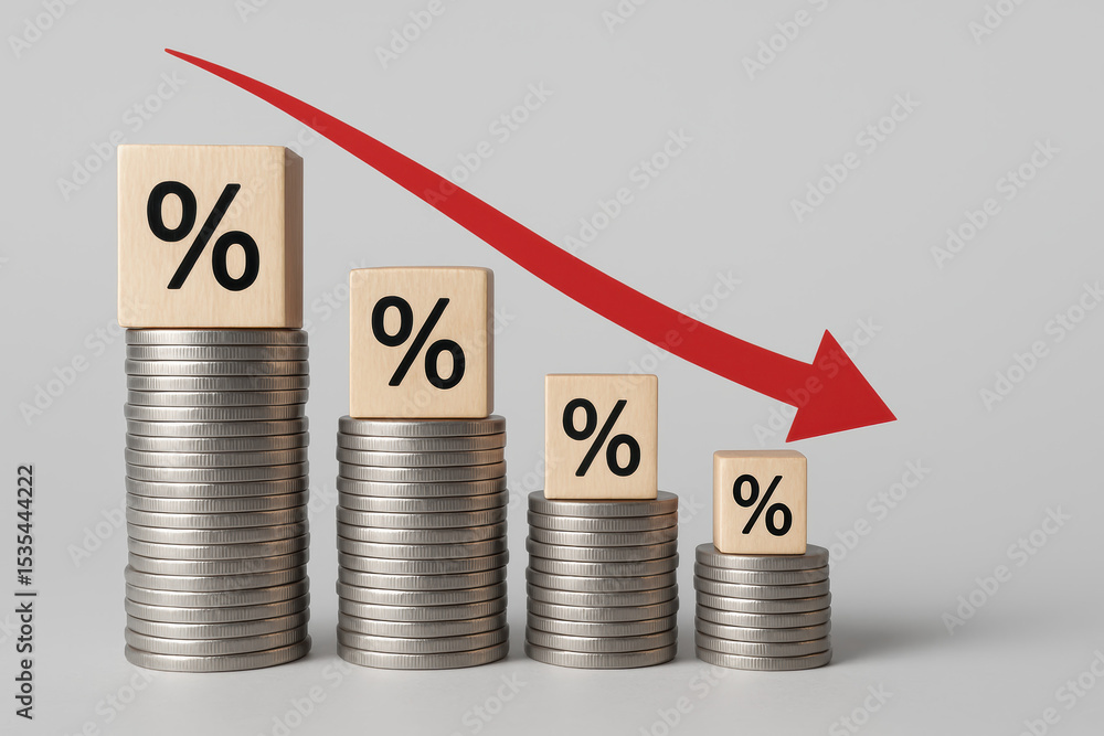 Poster declining interest rates are symbolized by diminishing coin stacks topped with percentage blocks ref