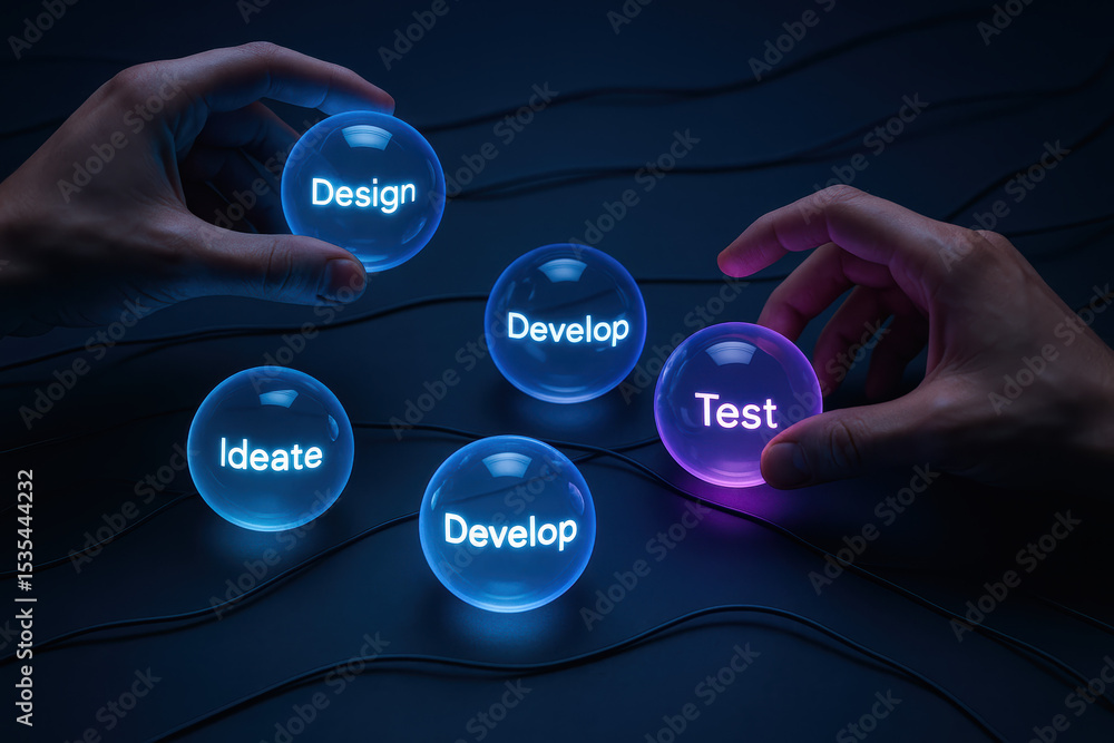 Poster collaboration in progress is symbolized by glowing spheres representing the phases ideation design d