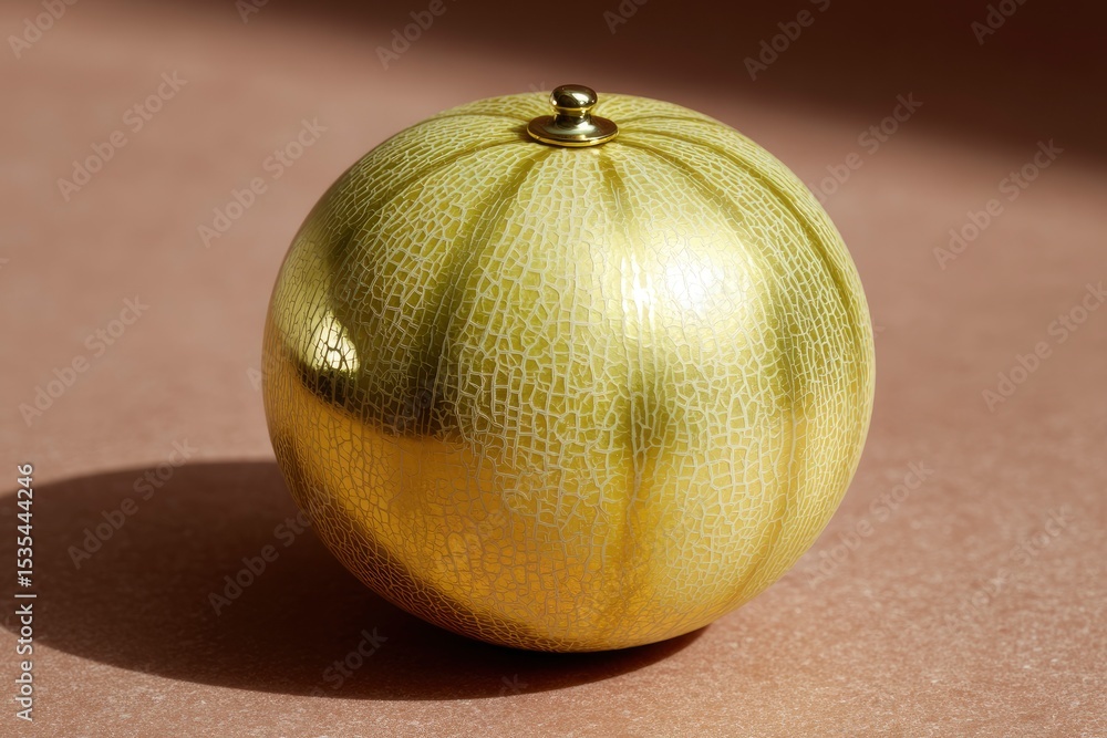 Poster a golden melonshaped object with a knob sits on a brown surface casting a shadow