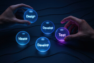 Collaboration in progress is symbolized by glowing spheres representing the phases ideation design development and testing within a connected process