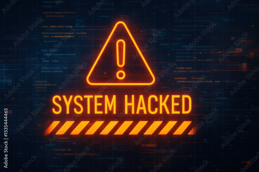 Poster a warning symbol with a caution pattern signals a system breach highlighting cybersecurity risks in 