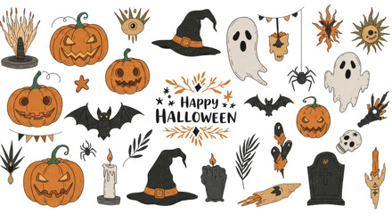 Halloween themed illustrations featuring pumpkins, ghosts, bats, and other spooky elements isolated on transparent background