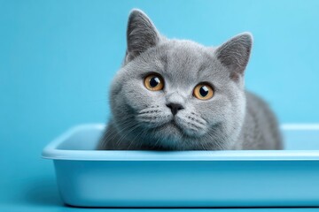 A gray cat with amber eyes is perched in a blue litter box against a matching blue background