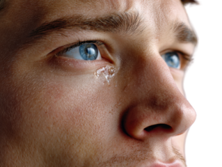 Man Crying: Close-up portrait of a man with blue eyes shedding a single tear, conveying vulnerability and sorrow.