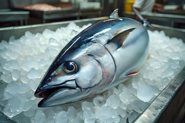 Fresh Tuna Displayed on Ice at a Fish Market Ready for Sushi Preparation and Culinary Use Cases