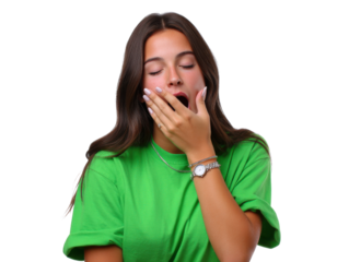 Yawning Woman: A young woman, captured in a close-up, is yawning expressively, her eyes closed and hand covering her mouth, portraying a moment of fatigue.