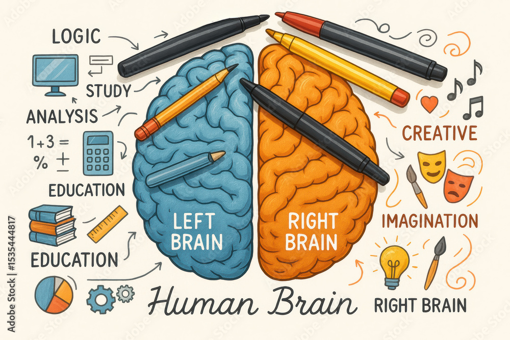 Poster this detailed highlights human brain functions showcasing logical analysis on the left and creative 