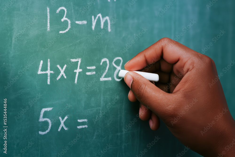 Poster a writes mathematical calculations on a green chalkboard illustrating problem-solving and analytical