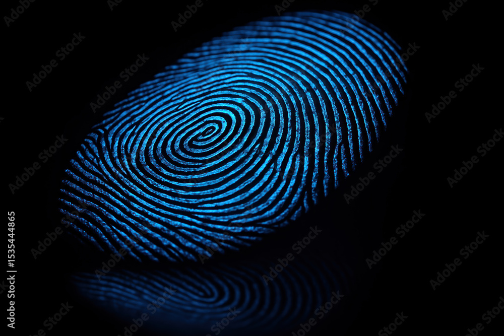 Poster a glowing blue fingerprint symbolizes identity verification and security highlighting intricate patt