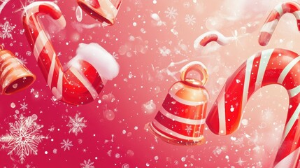 Festive Christmas background with candy canes, snowflakes, and jingle bells on a red gradient backdrop, creating a holiday themed design for seasonal celebrations.