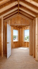 Sunlit wooden interior of unfinished room