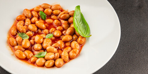 Bean stew tomato sauce cranberry beans vegetable dish beans borlotti fresh delicious gourmet food background on the table rustic food top view copy space keto and paleo diet vegan and vegan food