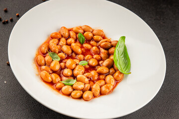 Bean stew tomato sauce cranberry beans vegetable dish beans borlotti fresh delicious gourmet food background on the table rustic food top view copy space keto and paleo diet vegan and vegan food