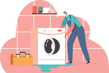 Repairman fixing washing machine vector illustration