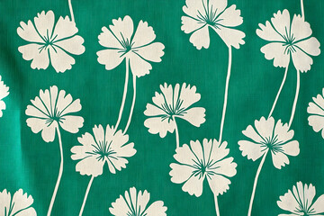 Teal fabric with a repeating pattern of white flowers.