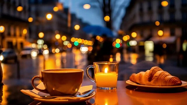 Parisian Cafe Ambiance Coffee Croissant and Candlelight on a Rainy Evening