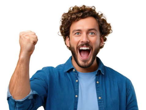 Joyful Victory: Capturing the exuberance of a man celebrating his success with a jubilant expression and raised fist.