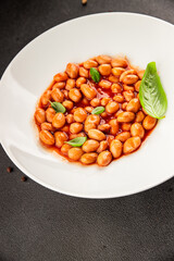 Bean stew tomato sauce cranberry beans vegetable dish beans borlotti fresh delicious gourmet food background on the table rustic food top view copy space keto and paleo diet vegan and vegan food