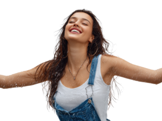 Joyful Rain Dance: A young woman with long brown hair joyfully embraces the rain, her arms outstretched, a smile illuminating her face.