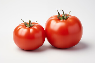 Two whole tomatoes on a white background.