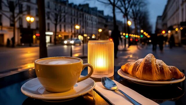 Parisian Cafe Scene: Coffee, Croissant, and Candlelight at Dusk. AI Generative