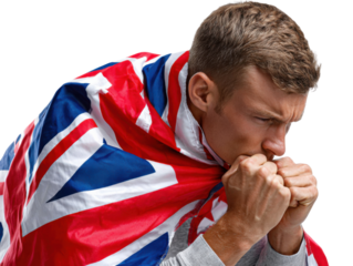 British Pride: A man shrouded in the flag, gazing downward, with a determined expression. A moment captured through an evocative portrayal of national fervor and identity.