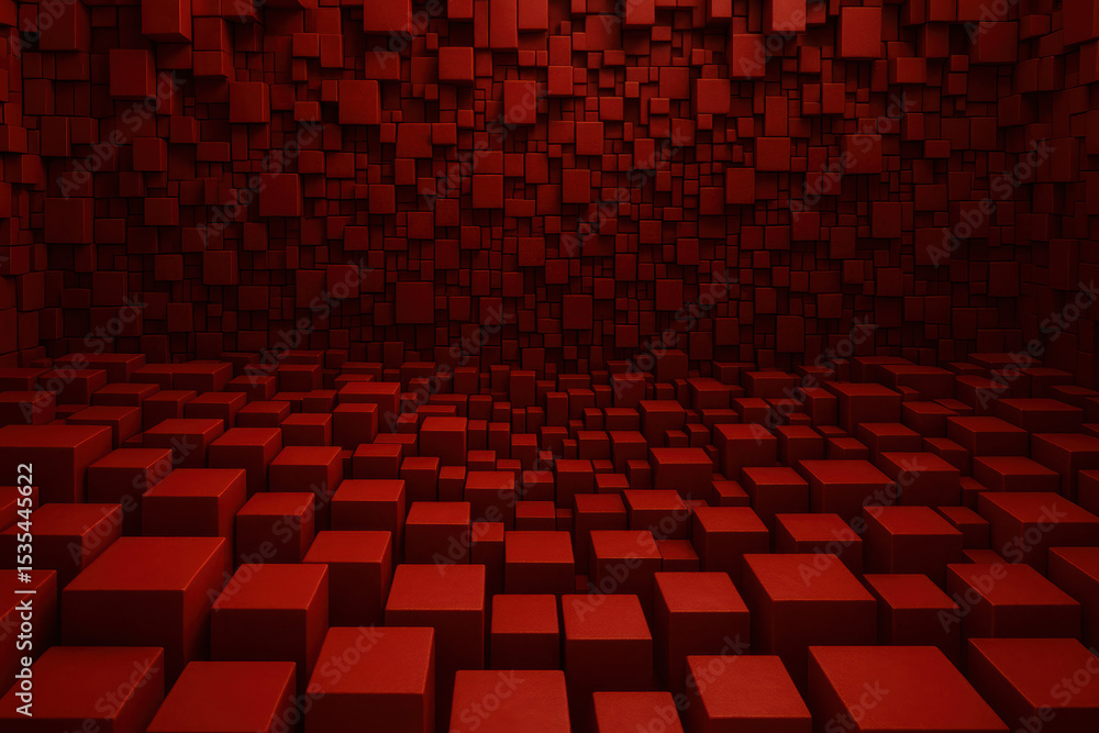Poster this digital composition explores complexity and structure through densely packed red cubes creating