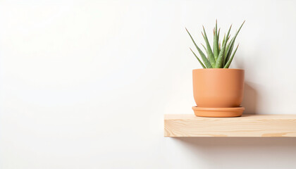 Fototapeta premium Potted aloe vera plant on wooden shelf against white wall 