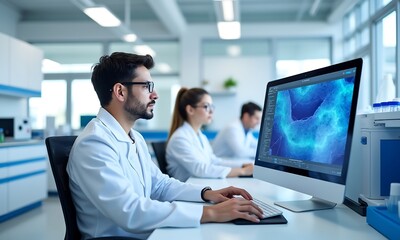 Scientists analyzing data on computer in a modern laboratory setting for research