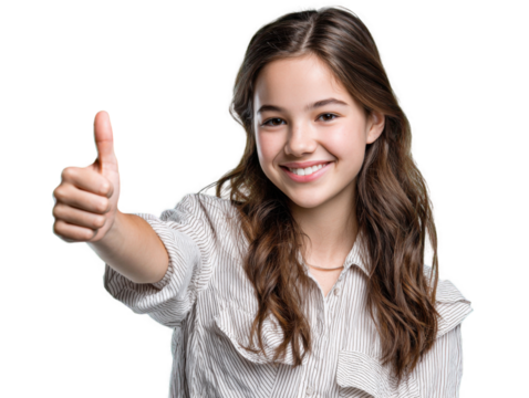Teen with Approval: A smiling young girl with long brown hair gives a thumbs up, radiating positive energy and a sense of approval.