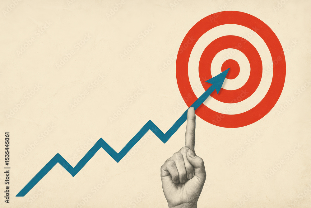 Poster progress and achievement are symbolized by a rising blue arrow on a textured background pointing pre