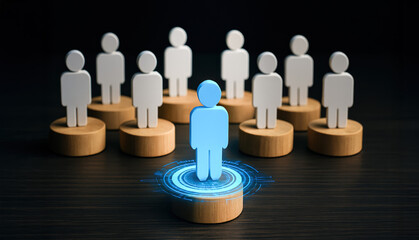Obraz premium Leadership and influence stand out as a central concept where one figure is highlighted among others on wooden platforms symbolizing business hierarchy and focus