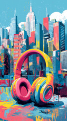 Colorful Headphones Over Vibrant City Skyline Artwork. Ideal for Music Events, Urban Art Posters and Modern Creative Design Projects, Vertical