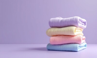 Stack of neatly folded colorful sweaters on a pastel purple background minimal studio shot
