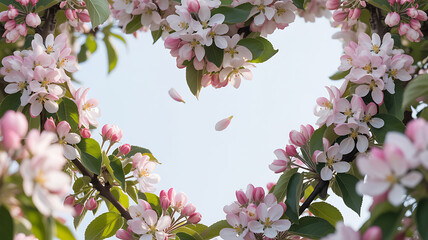 Heart shaped frame of pink apple blossoms