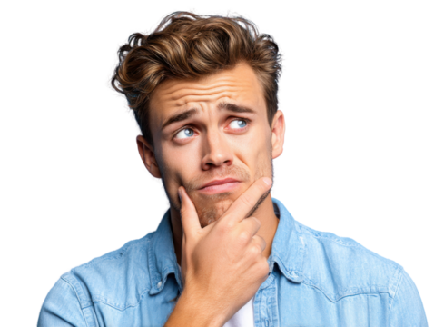 Thoughtful Contemplation: A young man's pensive expression, gazing upward with a hand on his chin, epitomizing thoughtful contemplation in a close-up, emotionally resonant portrait.