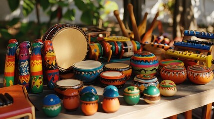 Colorful array of handcrafted wooden toys and musical instruments for children's play