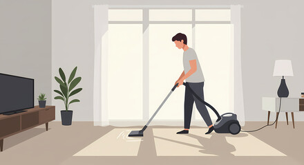 Person Vacuuming Carpet in a Brightly Lit, Modern Living Room.